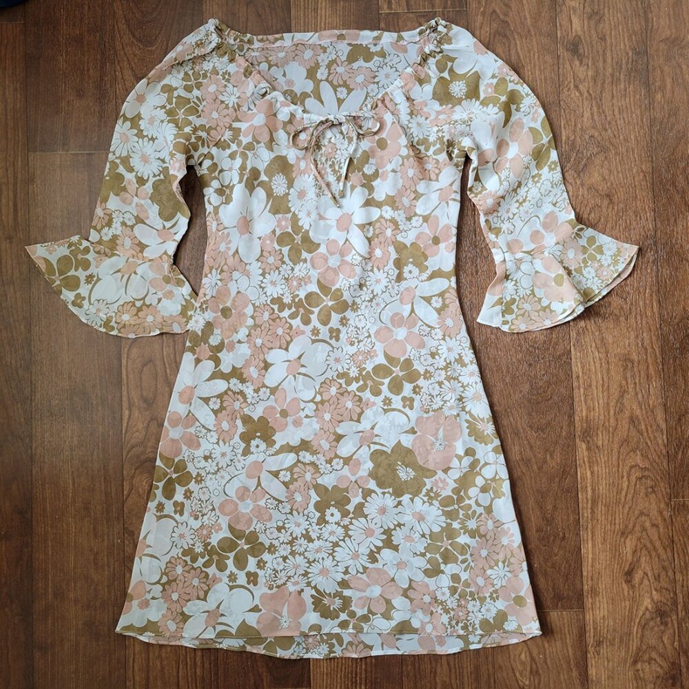 Vintage Floral mini dress A line adjustable strip neckline size S